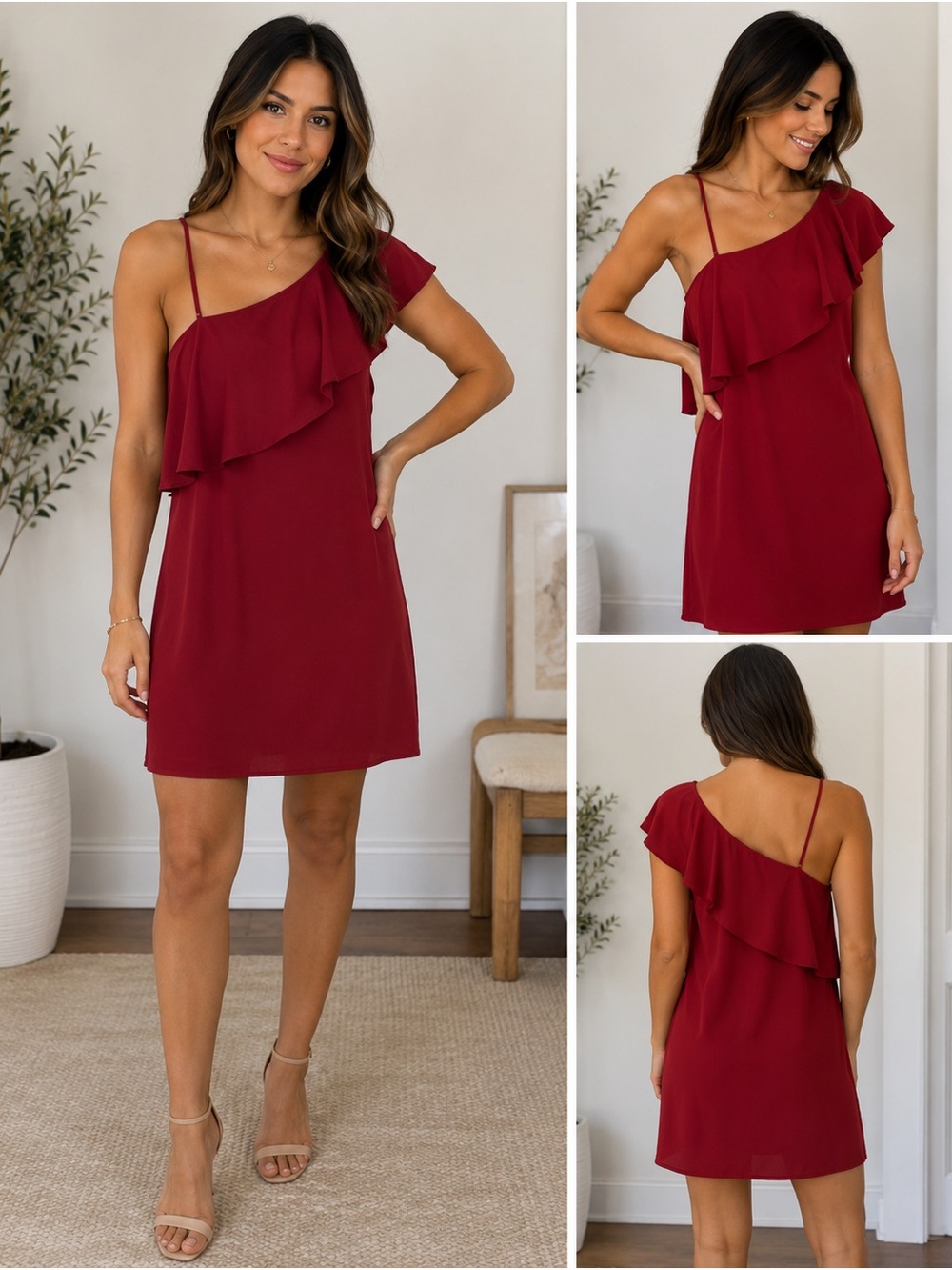 TCEC One Shoulder Ruffle Mini Dress Womens M Rust Red Cocktail Party Dress